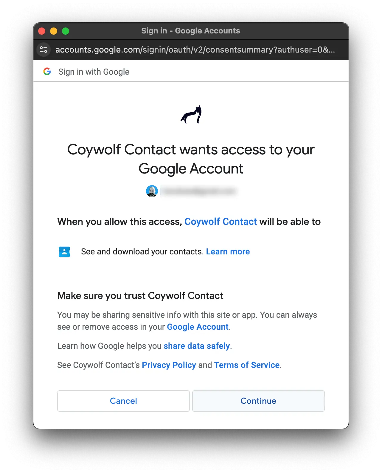Grant Google Account access to Coywolf Contact